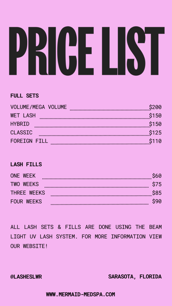 lash extension pricing