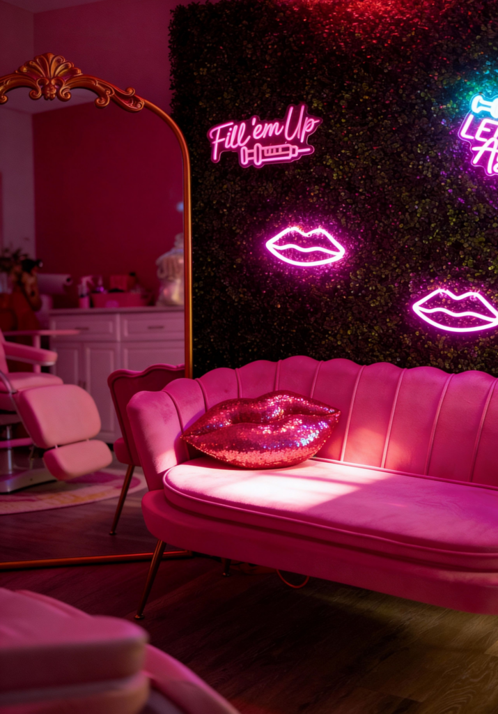 pink chair with lip wall